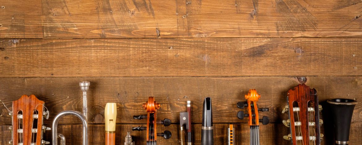 instruments in wood background